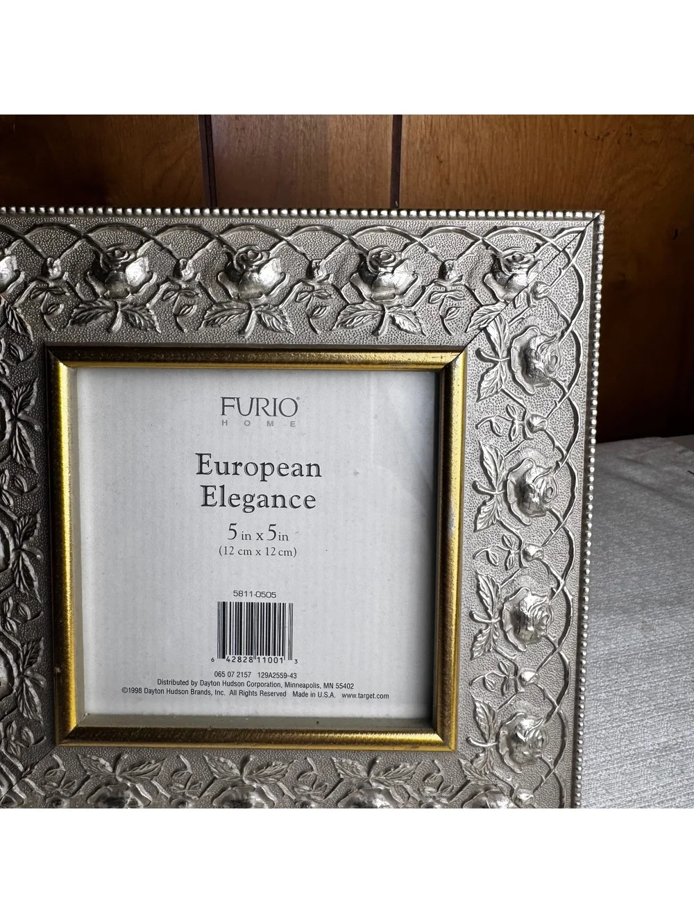 Vintage Furio Home 5x5 Silver Tone Rose Embossed Picture Frame Gold Trim